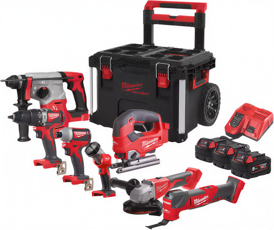 Milwaukee – M18 FPP7C-503P Powerpack | Set combo sans fil 7 pièces | 18 V | 3 batteries 5,0 Ah | Chariot Packout